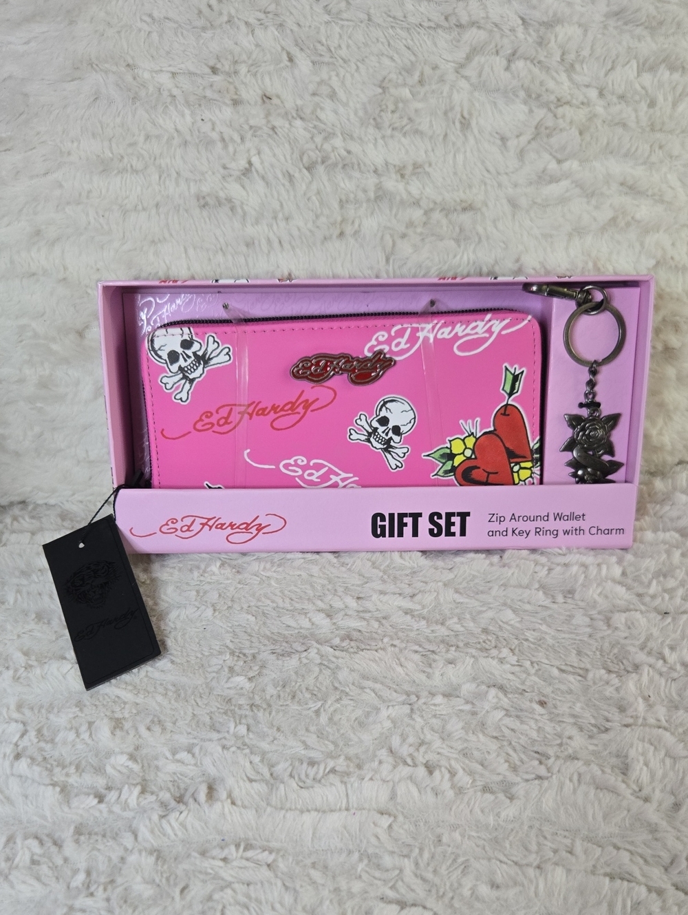 Ed Hardy Pink Zip-Around Wallet Gift Set with Key Ring Charm